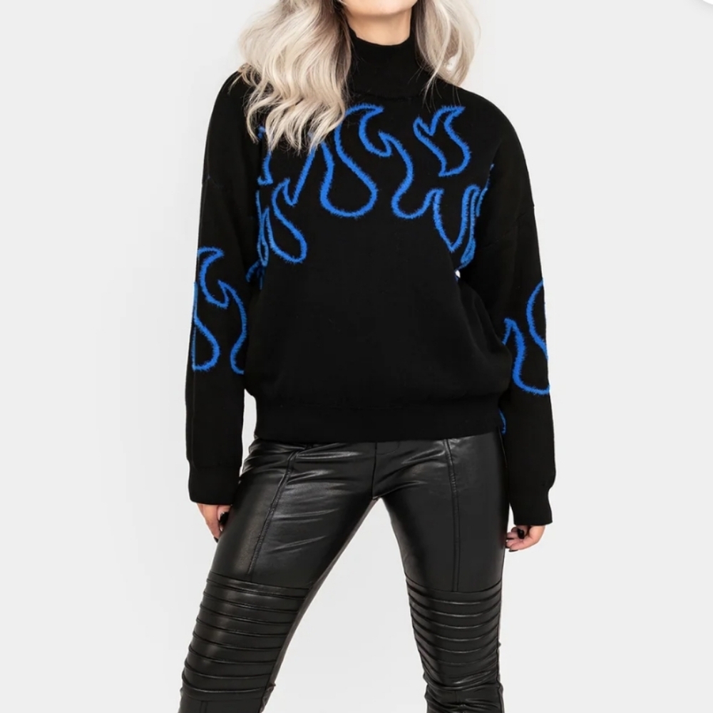 Disturbia Flame Sweater,Goth Sweater, Black Flame Sweater, Blue Flame - Picture 2 of 9